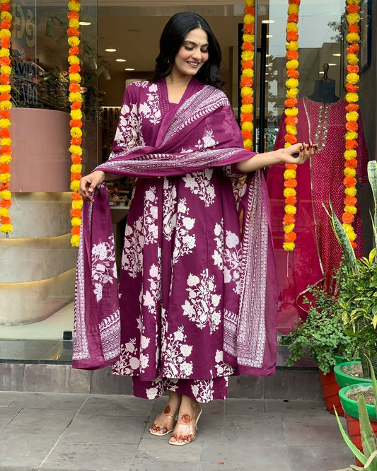 Jaipur Kurta Purple Cotton Printed Kurta And Pant With Mulmul Dupatta | For Women