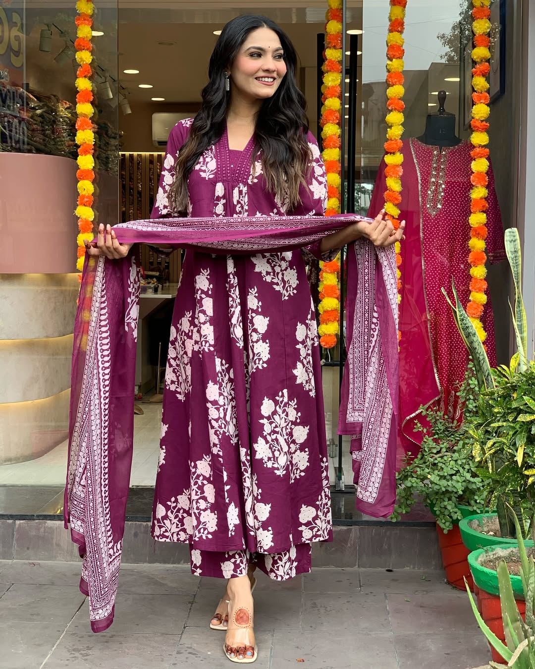 Jaipur Kurta Purple Cotton Printed Kurta And Pant With Mulmul Dupatta | For Women