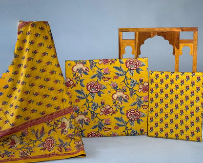 Jaipur Kurta Mustard Floral Suit Set with Mul Dupatta