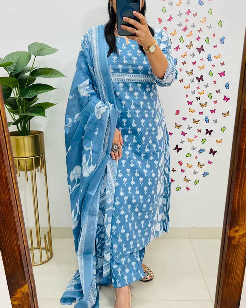 Jaipur Kurta Sky Blue Cotton Kurta Pant With Dupatta