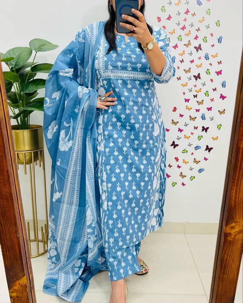 Jaipur Kurta Sky Blue Cotton Kurta Pant With Dupatta