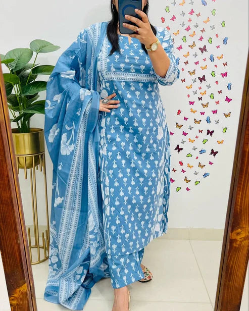 Jaipur Kurta Sky Blue Cotton Kurta Pant With Dupatta