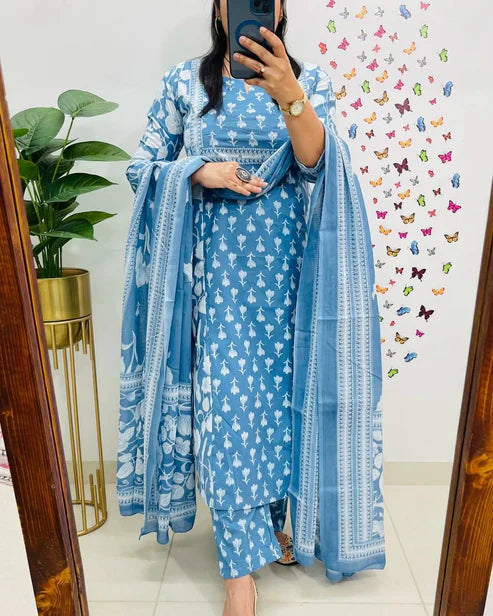Jaipur Kurta Sky Blue Cotton Kurta Pant With Dupatta