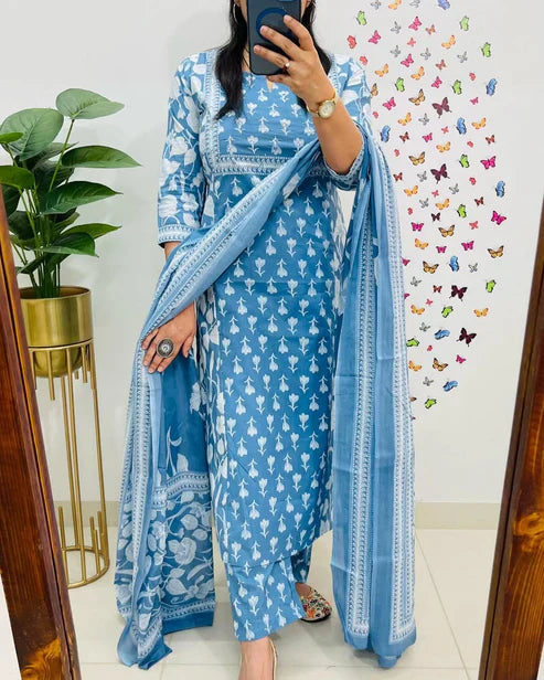 Jaipur Kurta Sky Blue Cotton Kurta Pant With Dupatta