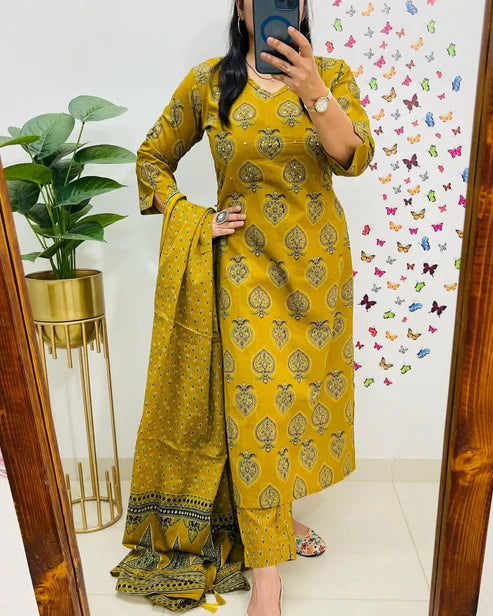 Jaipur Kurta Mustard Yellow Printed Cotton Straight Kurta Suit With Dupatta