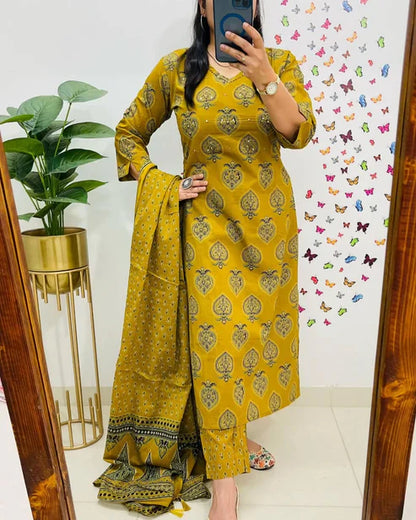 Jaipur Kurta Mustard Yellow Printed Cotton Straight Kurta Suit With Dupatta