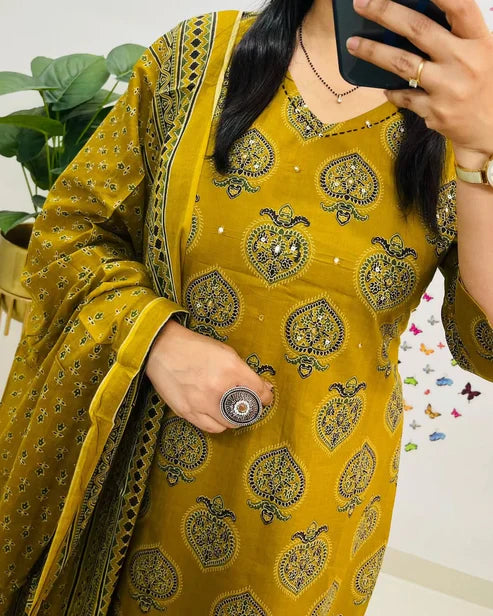 Jaipur Kurta Mustard Yellow Printed Cotton Straight Kurta Suit With Dupatta