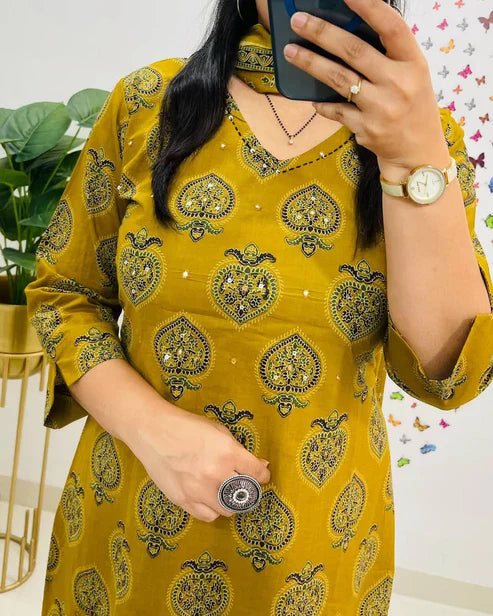 Jaipur Kurta Mustard Yellow Printed Cotton Straight Kurta Suit With Dupatta