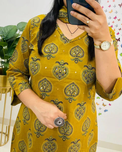 Jaipur Kurta Mustard Yellow Printed Cotton Straight Kurta Suit With Dupatta