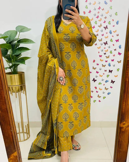 Jaipur Kurta Mustard Yellow Printed Cotton Straight Kurta Suit With Dupatta