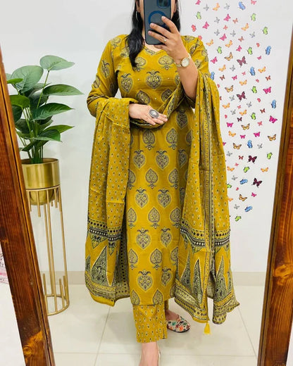 Jaipur Kurta Mustard Yellow Printed Cotton Straight Kurta Suit With Dupatta