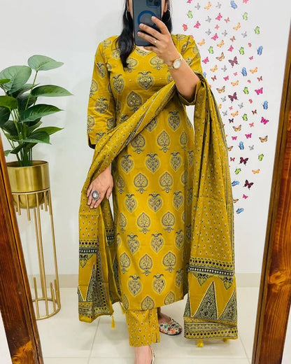 Jaipur Kurta Mustard Yellow Printed Cotton Straight Kurta Suit With Dupatta