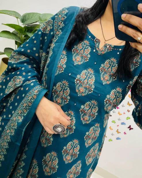 Jaipur Kurta Blue Printed Cotton Straight Kurta Suit With Dupatta