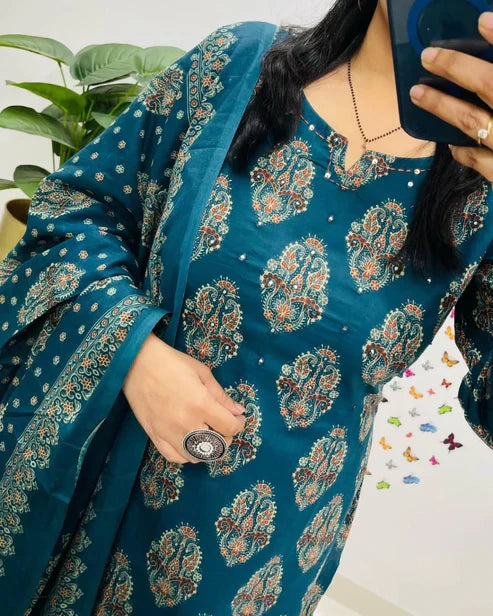 Jaipur Kurta Blue Printed Cotton Straight Kurta Suit With Dupatta