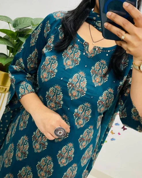 Jaipur Kurta Blue Printed Cotton Straight Kurta Suit With Dupatta