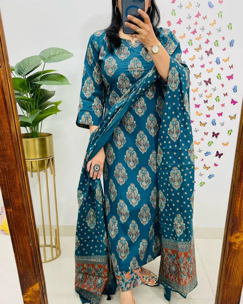 Jaipur Kurta Blue Printed Cotton Straight Kurta Suit With Dupatta