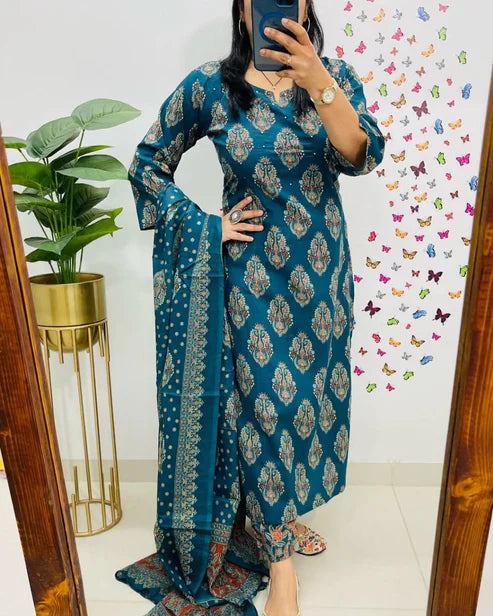 Jaipur Kurta Blue Printed Cotton Straight Kurta Suit With Dupatta