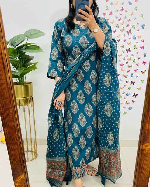 Jaipur Kurta Blue Printed Cotton Straight Kurta Suit With Dupatta