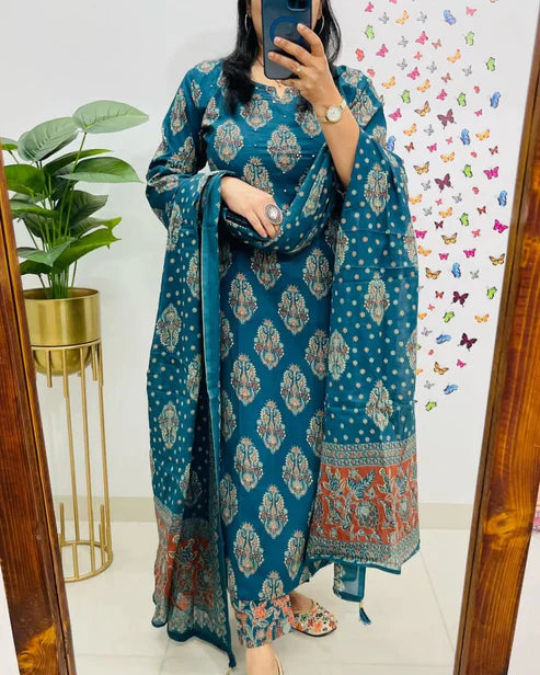 Jaipur Kurta Blue Printed Cotton Straight Kurta Suit With Dupatta