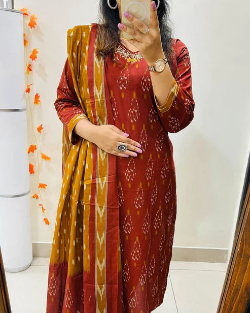 Jaipur Kurta Maroon Beautiful Pure Cotton Kurta And Pant With Dupatta