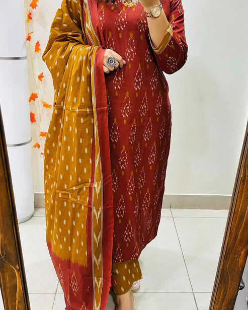 Jaipur Kurta Maroon Beautiful Pure Cotton Kurta And Pant With Dupatta