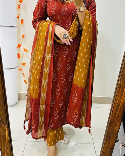 Jaipur Kurta Maroon Beautiful Pure Cotton Kurta And Pant With Dupatta