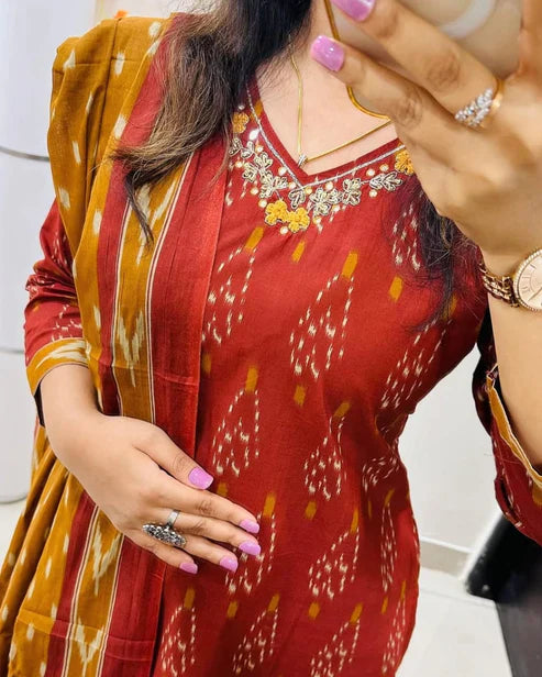 Jaipur Kurta Maroon Beautiful Pure Cotton Kurta And Pant With Dupatta