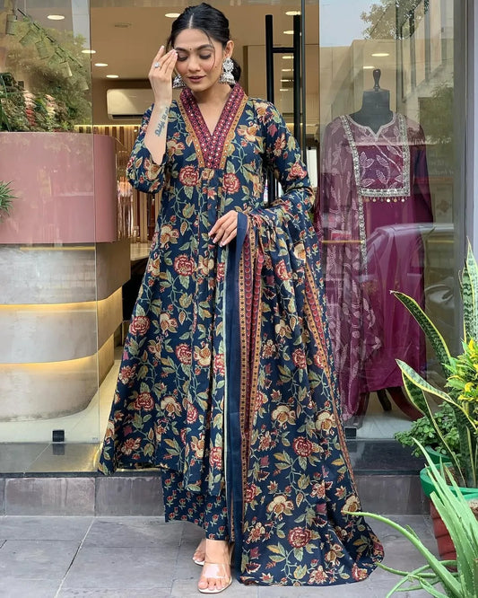 Jaipur Kurta Blue Cotton Floral Printed Kurta And Pant With Mulmul Dupatta | For Women