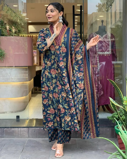 Jaipur Kurta Blue Cotton Floral Printed Kurta And Pant With Mulmul Dupatta | For Women