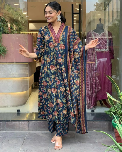 Jaipur Kurta Blue Cotton Floral Printed Kurta And Pant With Mulmul Dupatta | For Women