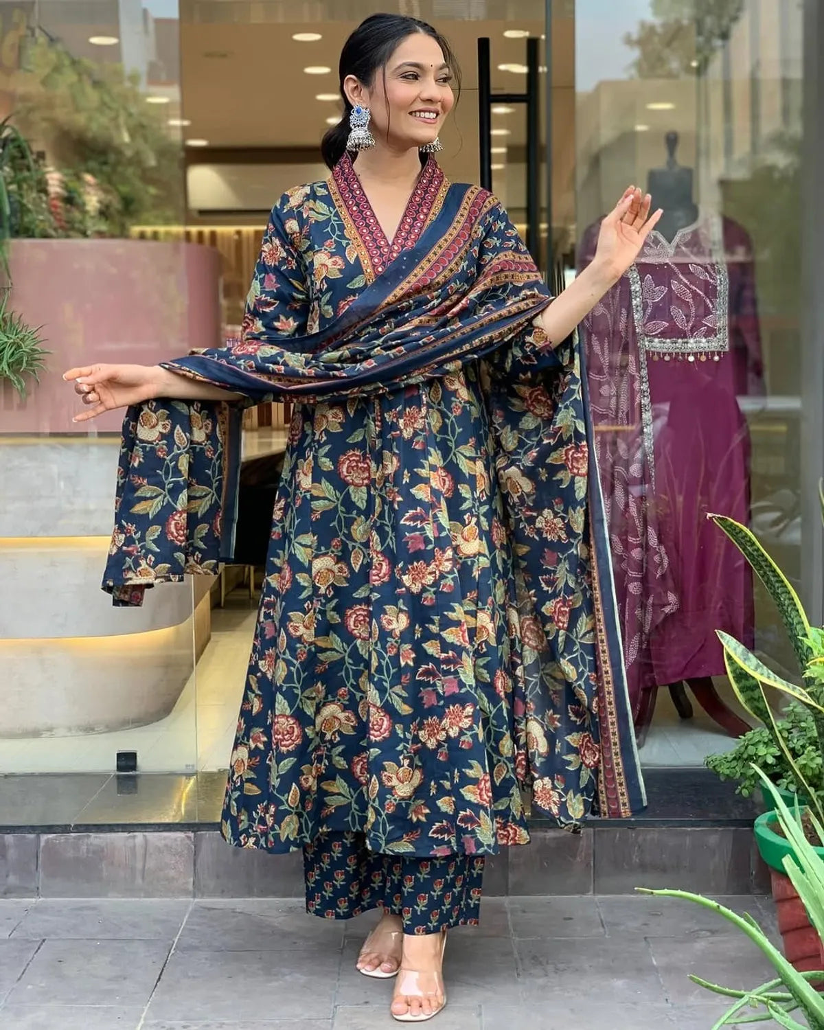 Jaipur Kurta Blue Cotton Floral Printed Kurta And Pant With Mulmul Dupatta | For Women