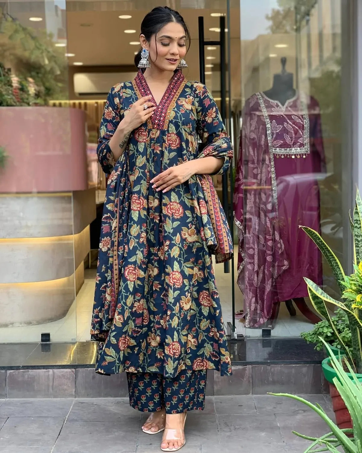 Jaipur Kurta Blue Cotton Floral Printed Kurta And Pant With Mulmul Dupatta | For Women