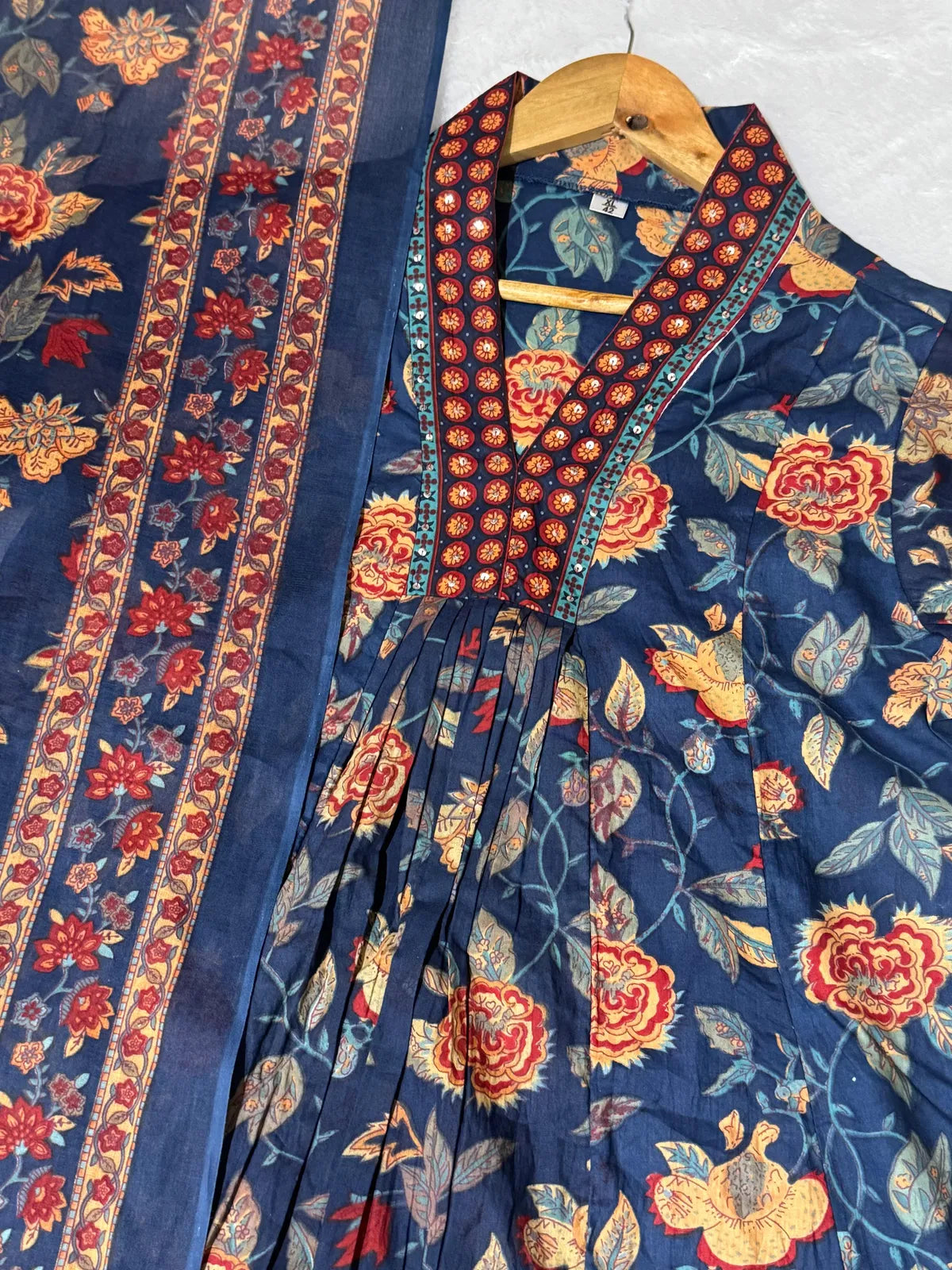 Jaipur Kurta Blue Cotton Floral Printed Kurta And Pant With Mulmul Dupatta | For Women