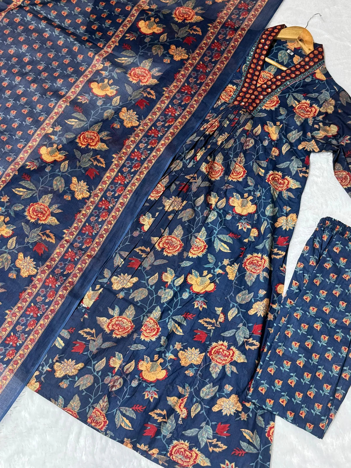 Jaipur Kurta Blue Cotton Floral Printed Kurta And Pant With Mulmul Dupatta | For Women