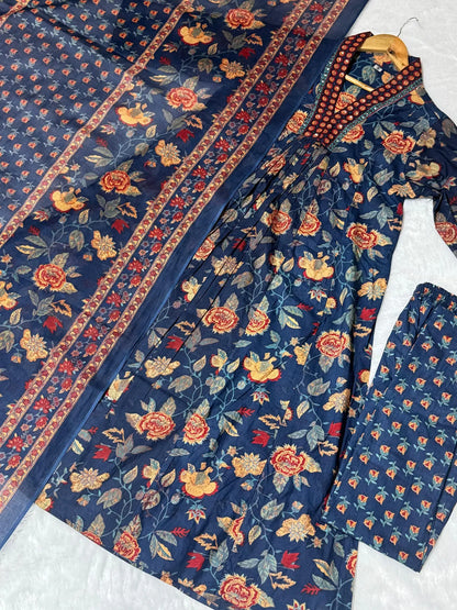 Jaipur Kurta Blue Cotton Floral Printed Kurta And Pant With Mulmul Dupatta | For Women