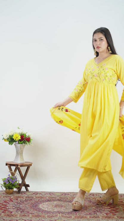 Yellow Pure Cotton Kurta and Pants With Dupatta | For Women